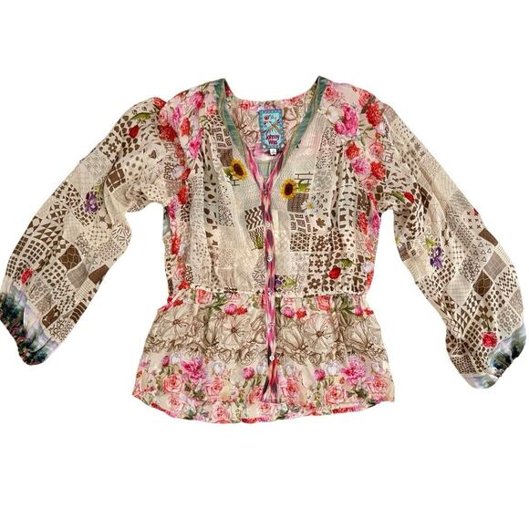 Johnny Was Fawn Beige Button Up Mixed Floral Boho Peasant Blouse Size M Tunic - Picture 8 of 13